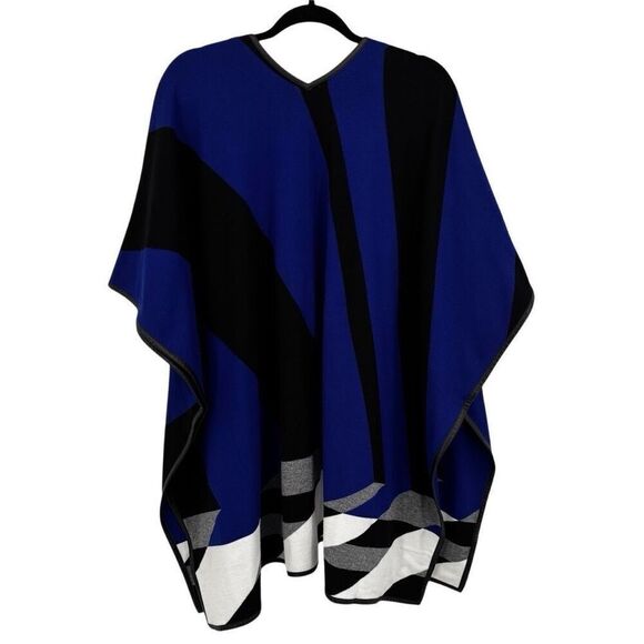 Chico’s Faux Leather Trim Sweater Ruana Blue Seafaring Blue Size S/M - Picture 9 of 11